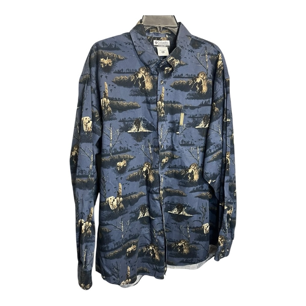 Columbia River Lodge Blue Wildlife/Hunting Dog  Print Shirt